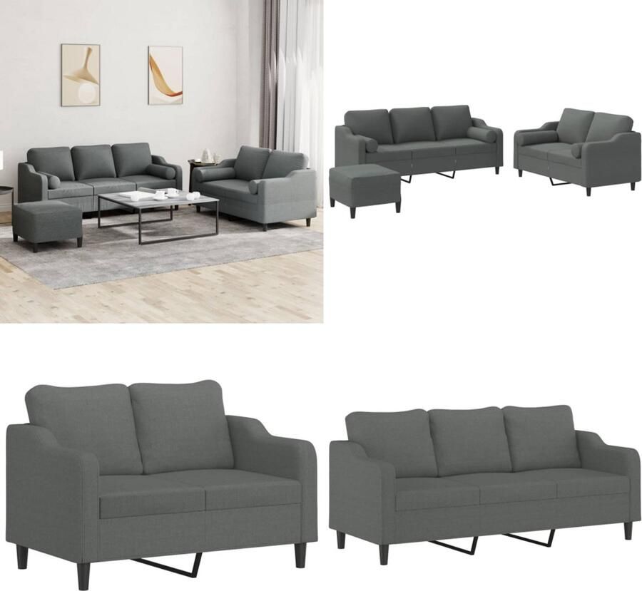 VidaXL 3-delige Loungeset met kussens stof donkergrijs Bankstel Bankstellen Fauteuil 2-zitsbank