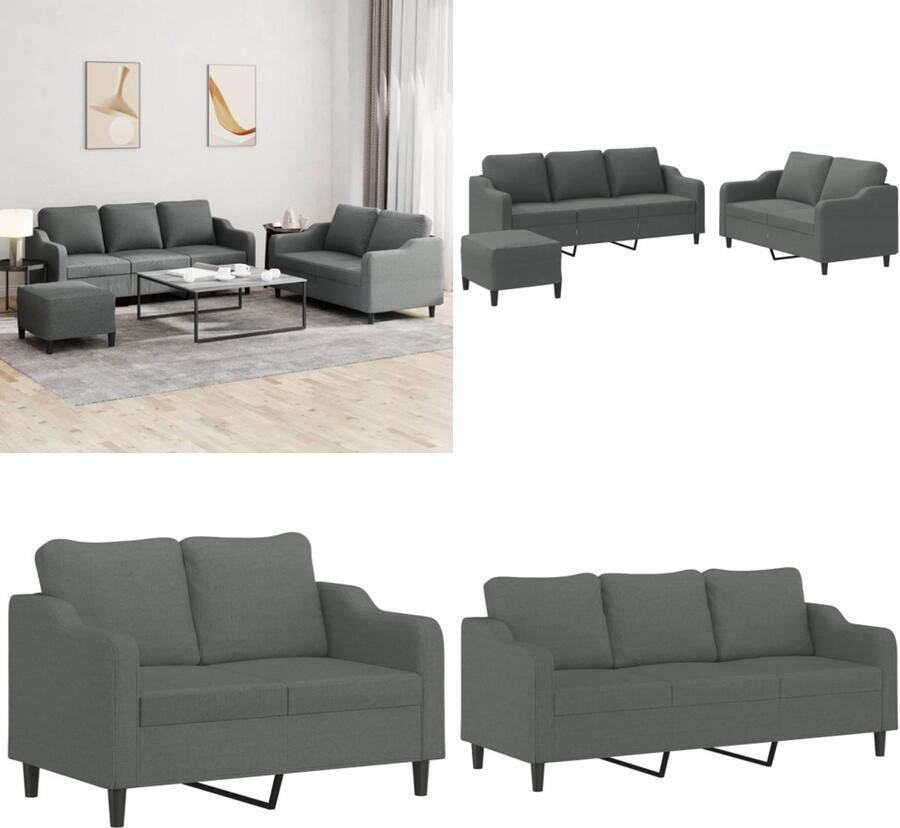 VidaXL 3-delige Loungeset met kussens stof donkergrijs Bankstel Bankstellen Fauteuil 2-zitsbank