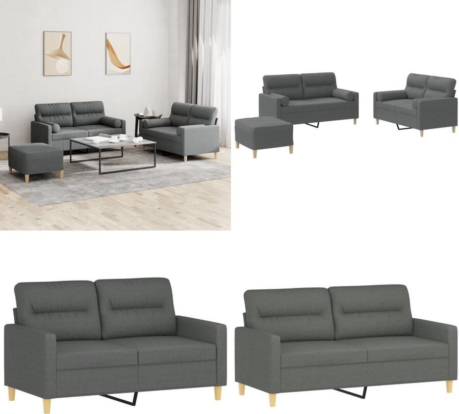 VidaXL 3-delige Loungeset met kussens stof donkergrijs Bankstel Bankstellen Fauteuil 2-zitsbank