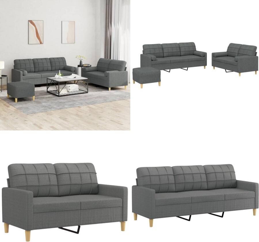 VidaXL 3-delige Loungeset met kussens stof donkergrijs Bankstel Bankstellen Fauteuil 2-zitsbank