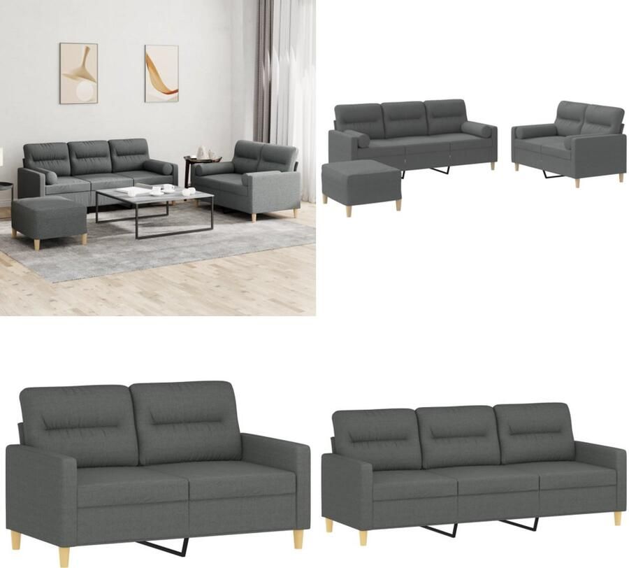 VidaXL 3-delige Loungeset met kussens stof donkergrijs Bankstel Bankstellen Fauteuil 2-zitsbank
