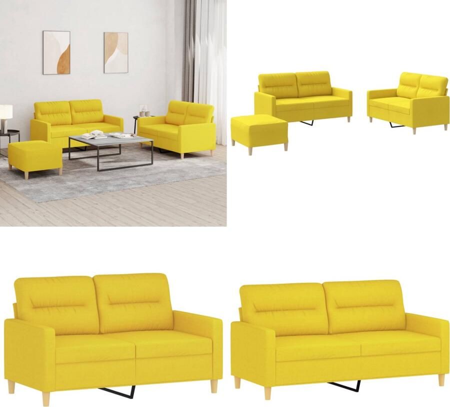 VidaXL 3-delige Loungeset met kussens stof lichtgeel Bankstel Bankstellen Fauteuil 2-zitsbank