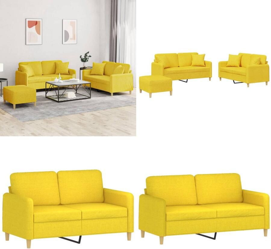 VidaXL 3-delige Loungeset met kussens stof lichtgeel Bankstel Bankstellen Fauteuil 2-zitsbank
