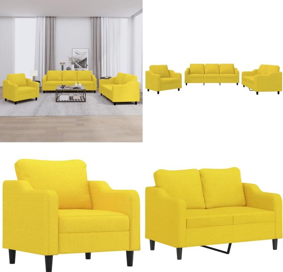 VidaXL 3-delige Loungeset met kussens stof lichtgeel Bankstel Bankstellen Fauteuil 2-zitsbank