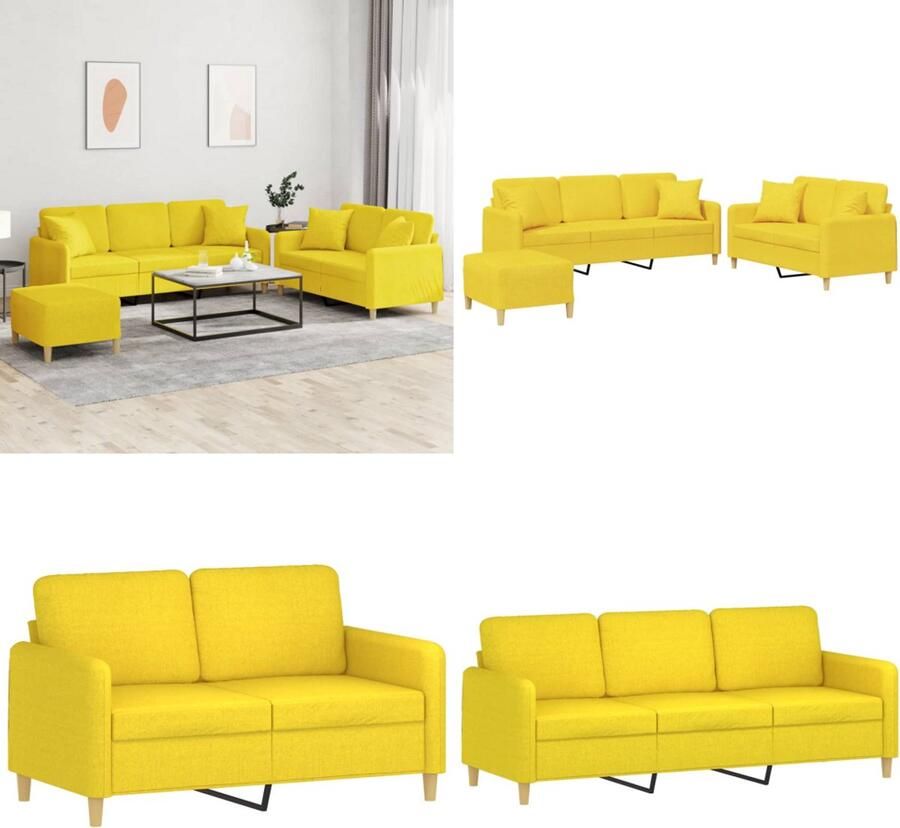 VidaXL 3-delige Loungeset met kussens stof lichtgeel Bankstel Bankstellen Fauteuil 2-zitsbank