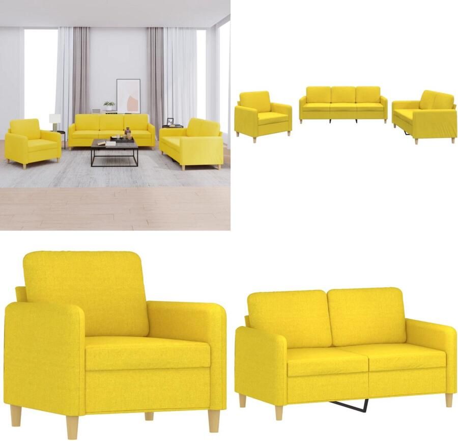 VidaXL 3-delige Loungeset met kussens stof lichtgeel Bankstel Bankstellen Fauteuil 2-zitsbank