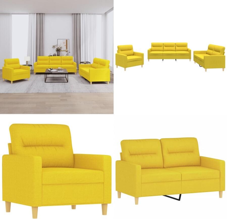 VidaXL 3-delige Loungeset met kussens stof lichtgeel Bankstel Bankstellen Fauteuil 2-zitsbank