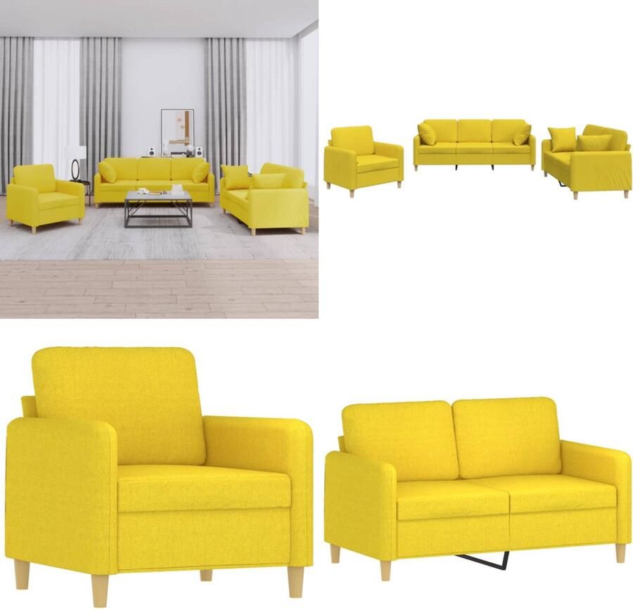VidaXL 3-delige Loungeset met kussens stof lichtgeel Bankstel Bankstellen Fauteuil 2-zitsbank - Foto 2