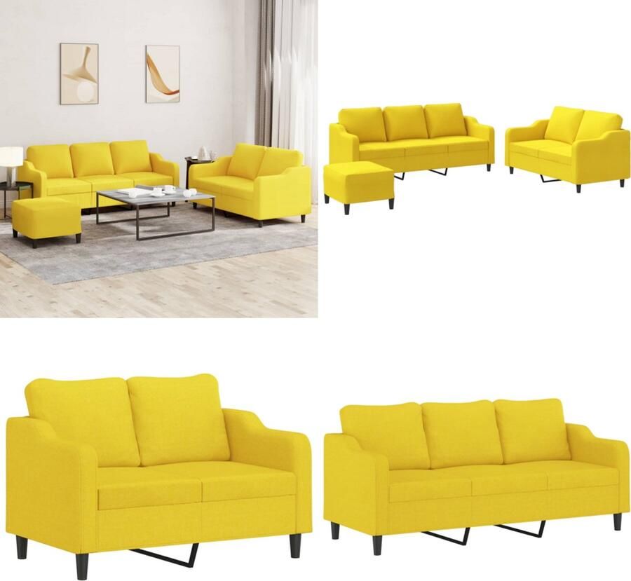 VidaXL 3-delige Loungeset met kussens stof lichtgeel Bankstel Bankstellen Fauteuil 2-zitsbank