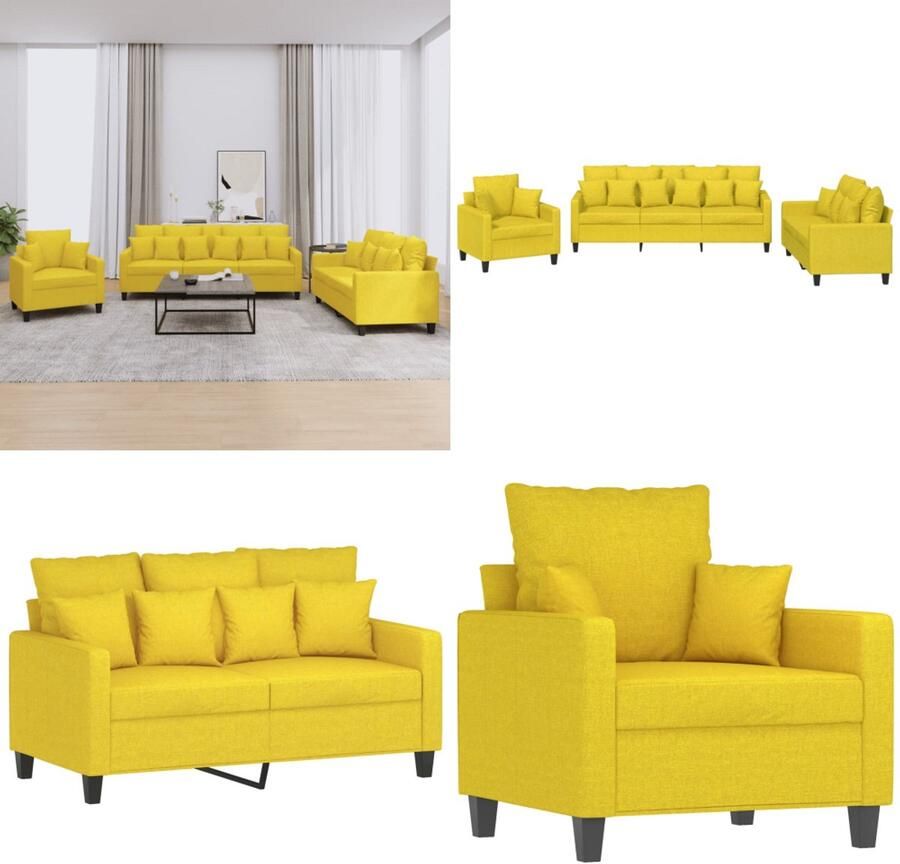VidaXL 3-delige Loungeset met kussens stof lichtgeel Bankstel Bankstellen Fauteuil 2-zitsbank