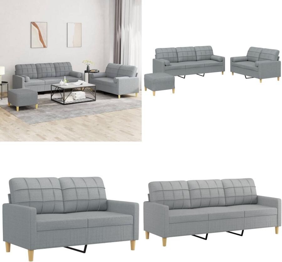 VidaXL 3-delige Loungeset met kussens stof lichtgrijs Bankstel Bankstellen Fauteuil 2-zitsbank