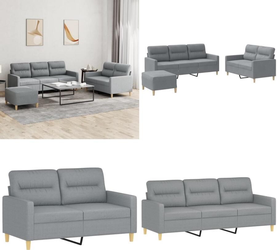 VidaXL 3-delige Loungeset met kussens stof lichtgrijs Bankstel Bankstellen Fauteuil 2-zitsbank
