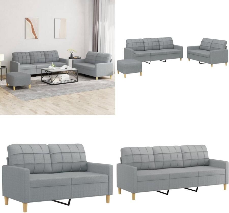 VidaXL 3-delige Loungeset met kussens stof lichtgrijs Bankstel Bankstellen Fauteuil 2-zitsbank