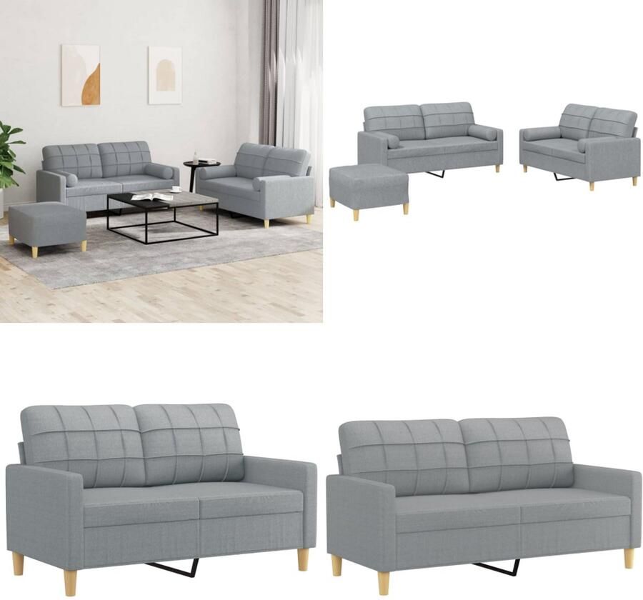 VidaXL 3-delige Loungeset met kussens stof lichtgrijs Bankstel Bankstellen Fauteuil 2-zitsbank