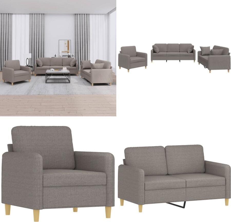 VidaXL 3-delige Loungeset met kussens stof taupe Bankstel Bankstellen Fauteuil 2-zitsbank