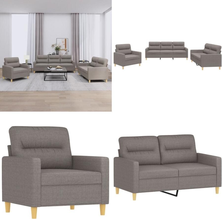 VidaXL 3-delige Loungeset met kussens stof taupe Bankstel Bankstellen Fauteuil 2-zitsbank