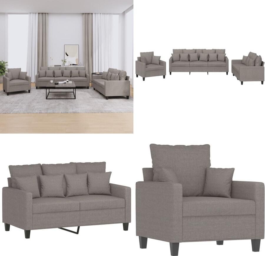 VidaXL 3-delige Loungeset met kussens stof taupe Bankstel Bankstellen Fauteuil 2-zitsbank