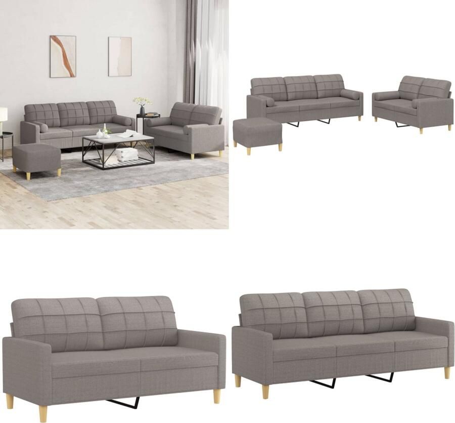 VidaXL 3-delige Loungeset met kussens stof taupe Bankstel Bankstellen Fauteuil 2-zitsbank