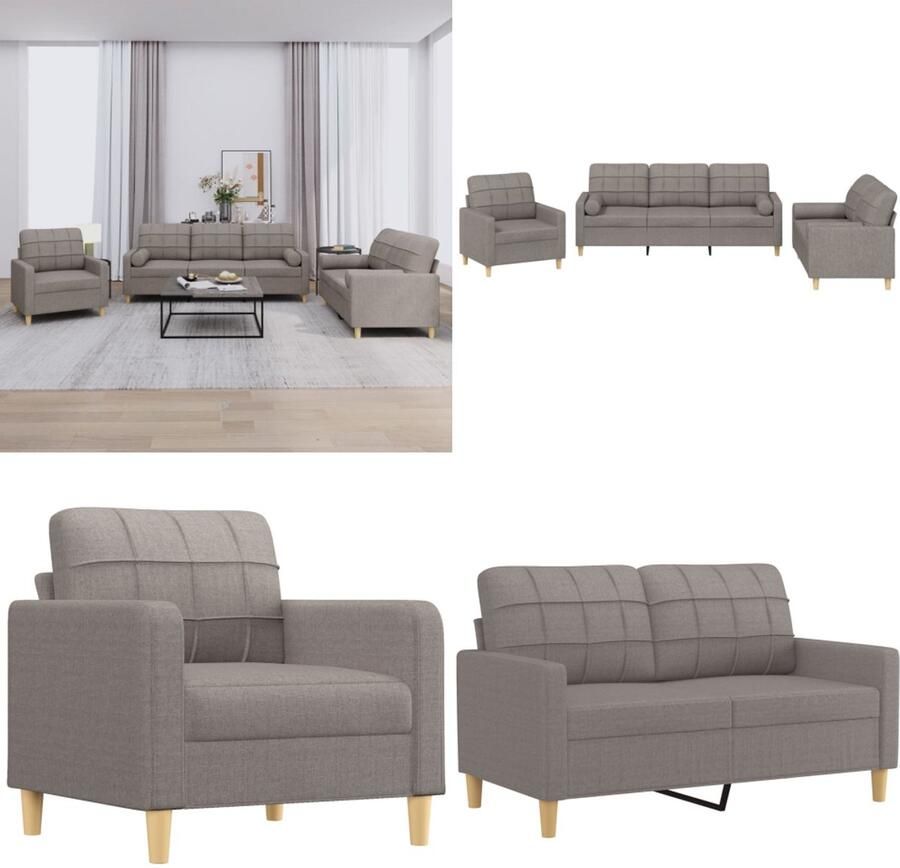 VidaXL 3-delige Loungeset met kussens stof taupe Bankstel Bankstellen Fauteuil 2-zitsbank