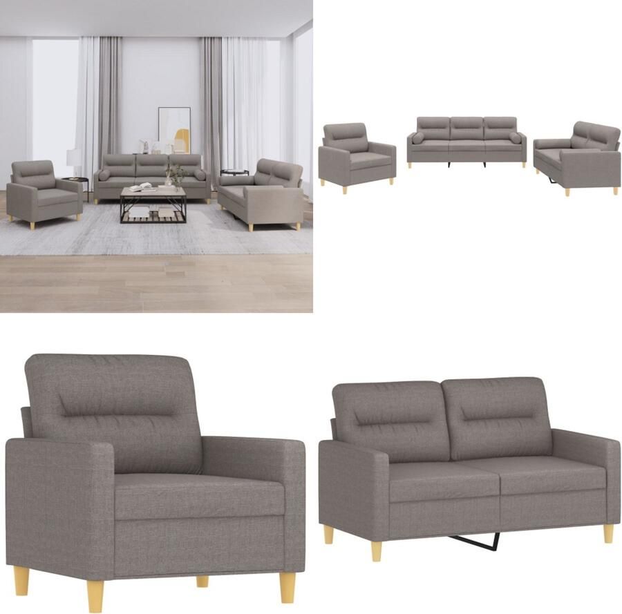 VidaXL 3-delige Loungeset met kussens stof taupe Bankstel Bankstellen Fauteuil 2-zitsbank