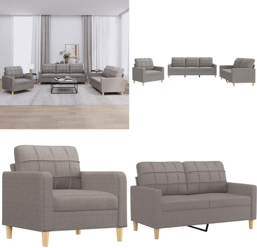 VidaXL 3-delige Loungeset met kussens stof taupe Bankstel Bankstellen Fauteuil 2-zitsbank