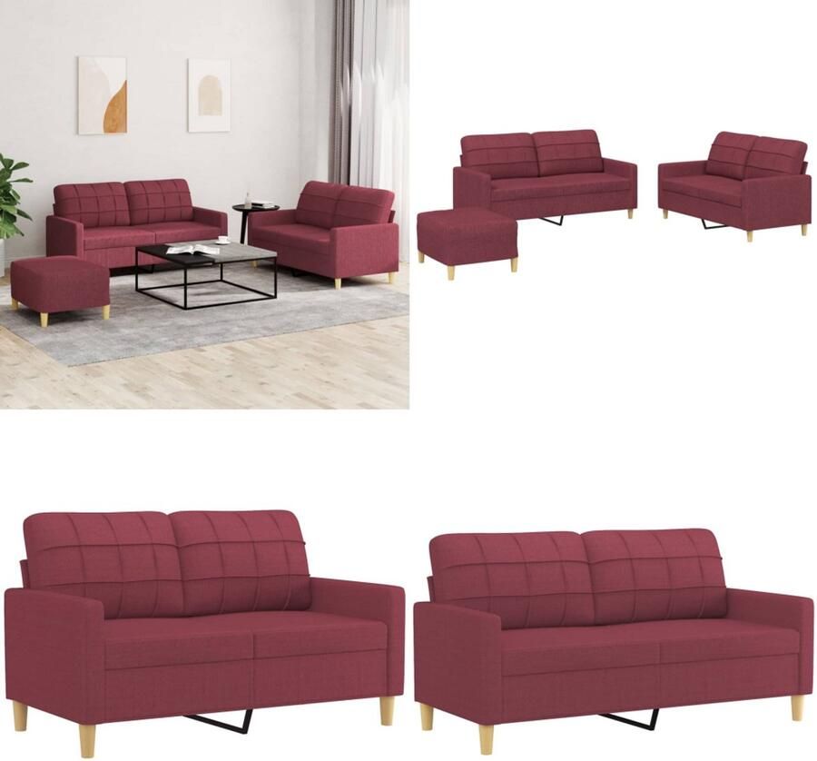 VidaXL 3-delige Loungeset met kussens stof wijnrood Bankstel Bankstellen Fauteuil 2-zitsbank