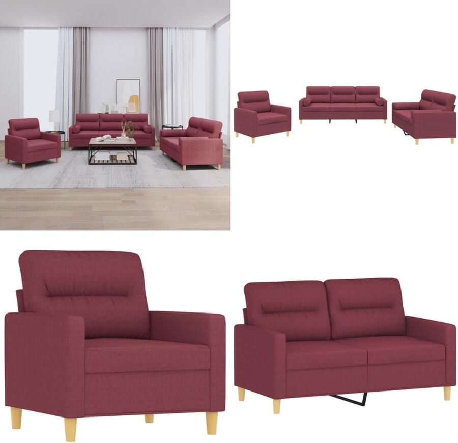 VidaXL 3-delige Loungeset met kussens stof wijnrood Bankstel Bankstellen Fauteuil 2-zitsbank