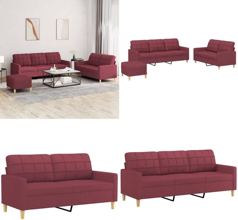 VidaXL 3-delige Loungeset met kussens stof wijnrood Bankstel Bankstellen Fauteuil 2-zitsbank
