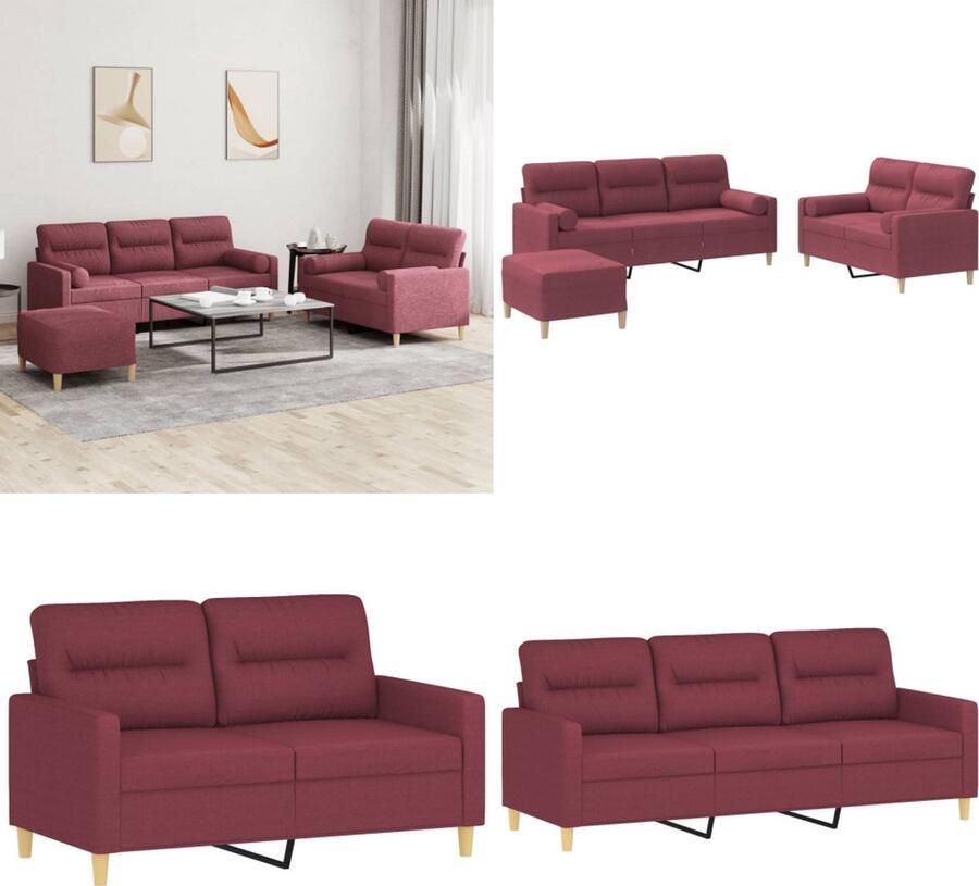 VidaXL 3-delige Loungeset met kussens stof wijnrood Bankstel Bankstellen Fauteuil 2-zitsbank