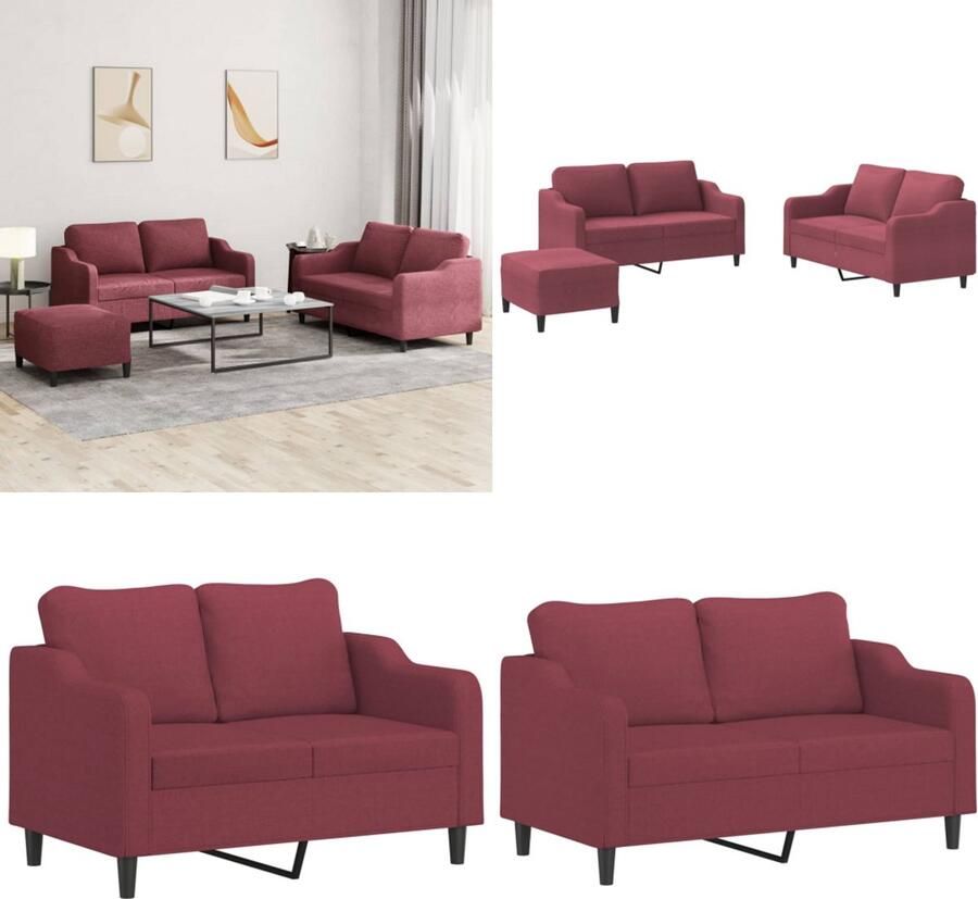 VidaXL 3-delige Loungeset met kussens stof wijnrood Bankstel Bankstellen Fauteuil 2-zitsbank