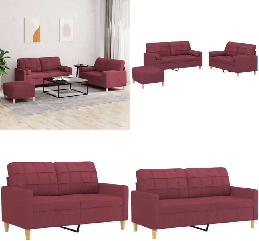 VidaXL 3-delige Loungeset met kussens stof wijnrood Bankstel Bankstellen Fauteuil 2-zitsbank
