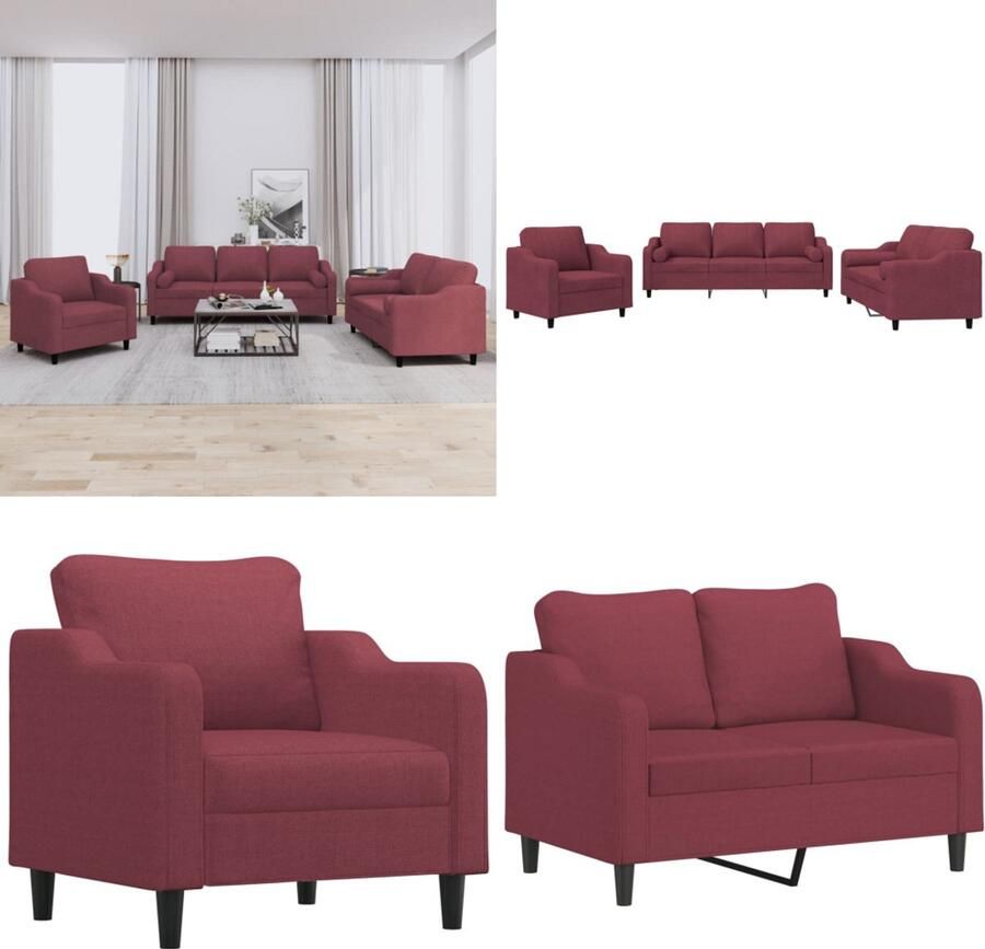 VidaXL 3-delige Loungeset met kussens stof wijnrood Bankstel Bankstellen Fauteuil 2-zitsbank