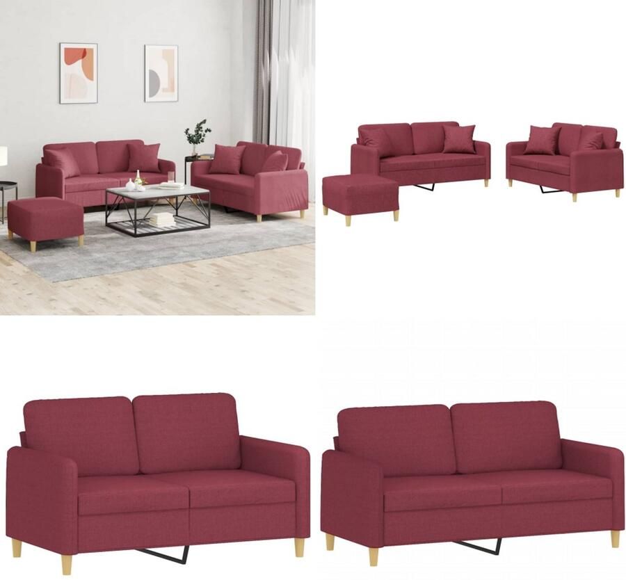 VidaXL 3-delige Loungeset met kussens stof wijnrood Bankstel Bankstellen Fauteuil 2-zitsbank