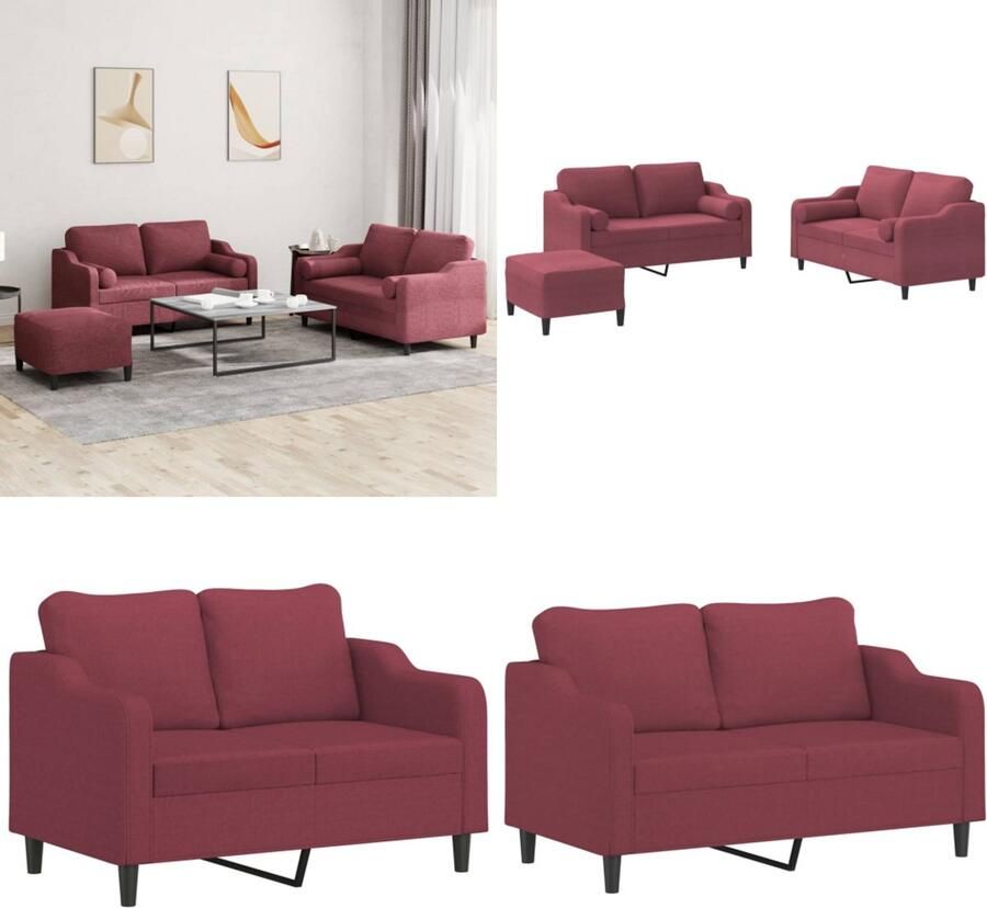 VidaXL 3-delige Loungeset met kussens stof wijnrood Bankstel Bankstellen Fauteuil 2-zitsbank