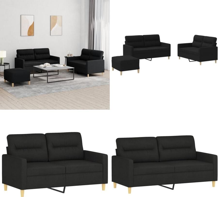 VidaXL 3-delige loungeset met kussens stof zwart Bankstel Bankstellen Fauteuil 2-zitsbank