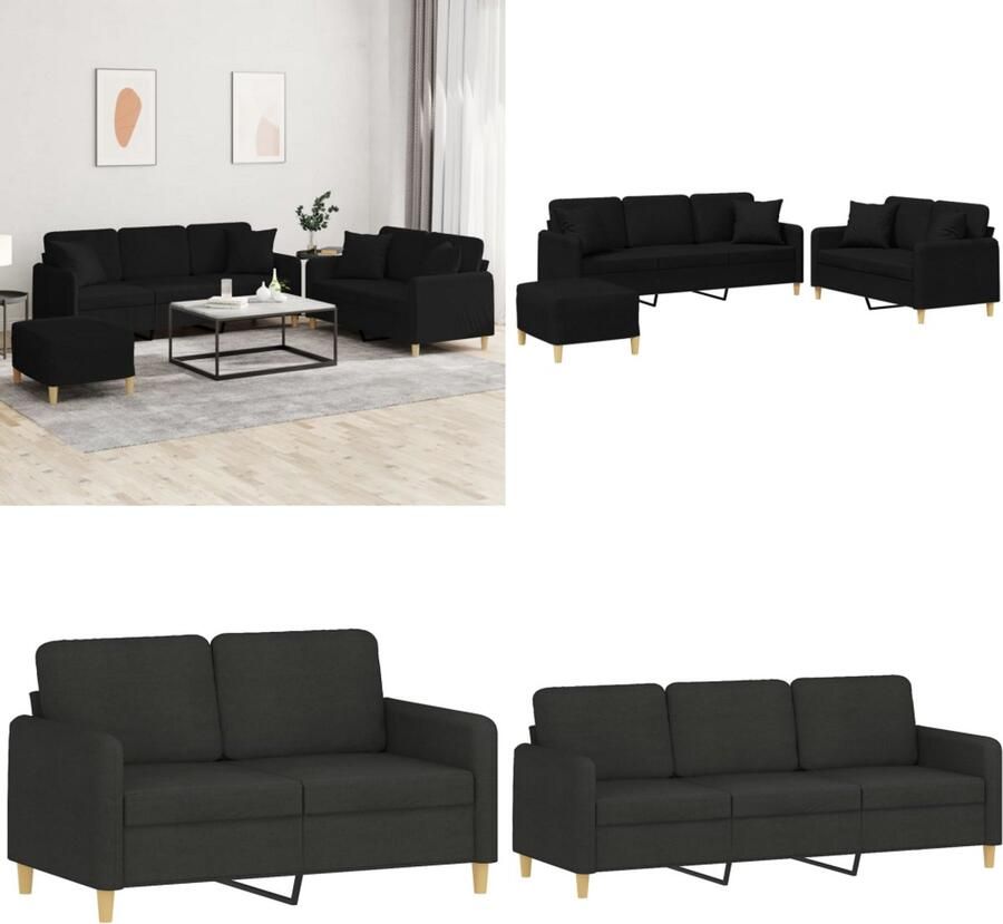 VidaXL 3-delige Loungeset met kussens stof zwart Bankstel Bankstellen Fauteuil 2-zitsbank