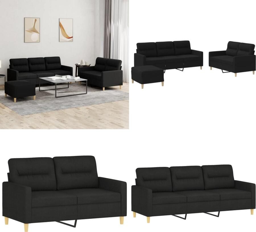 VidaXL 3-delige loungeset met kussens stof zwart Bankstel Bankstellen Fauteuil 2-zitsbank