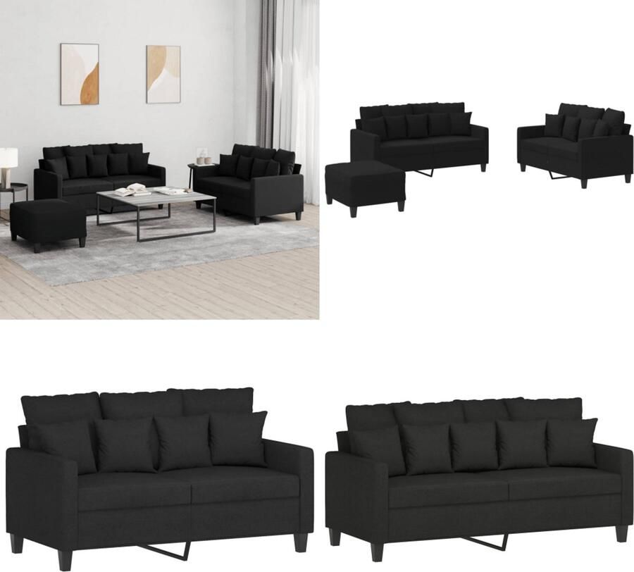 VidaXL 3-delige loungeset met kussens stof zwart Bankstel Bankstellen Fauteuil 2-zitsbank
