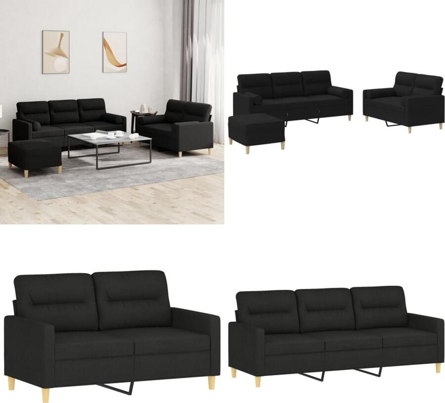 VidaXL 3-delige Loungeset met kussens stof zwart Bankstel Bankstellen Fauteuil 2-zitsbank