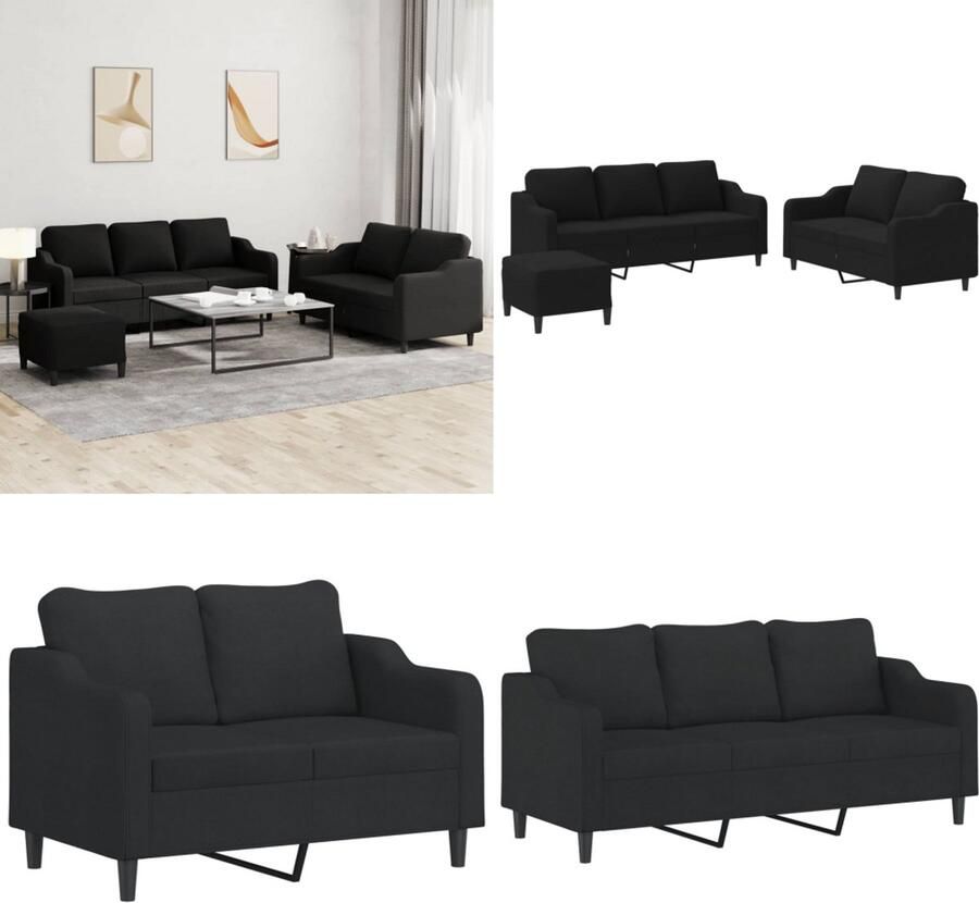 VidaXL 3-delige loungeset met kussens stof zwart Bankstel Bankstellen Fauteuil 2-zitsbank