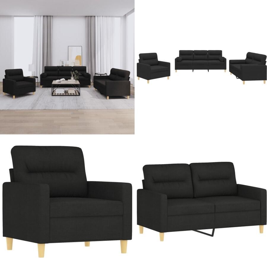 VidaXL 3-delige Loungeset met kussens stof zwart Bankstel Bankstellen Fauteuil 2-zitsbank