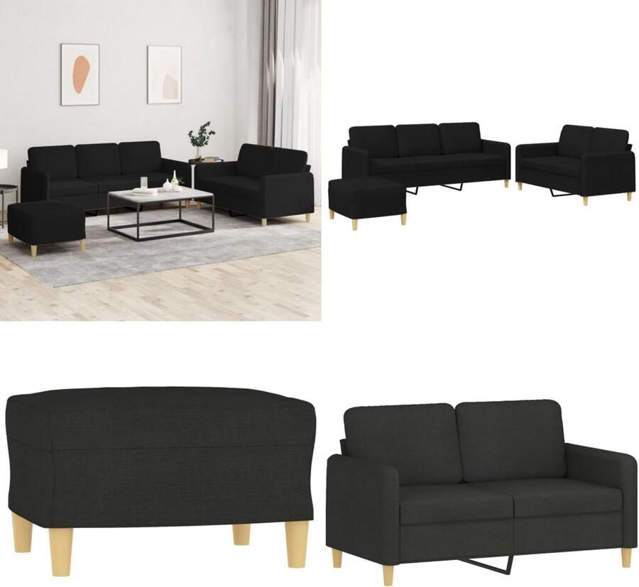 VidaXL 3-delige loungeset met kussens stof zwart Bankstel Bankstellen Fauteuil 2-zitsbank