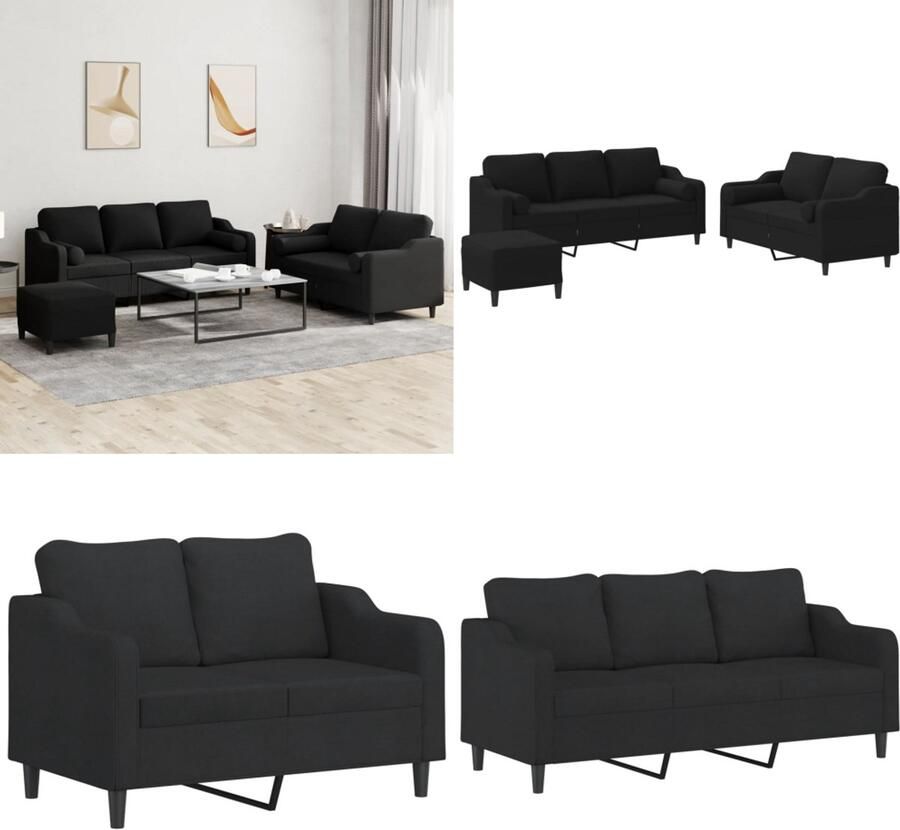 VidaXL 3-delige Loungeset met kussens stof zwart Bankstel Bankstellen Fauteuil 2-zitsbank