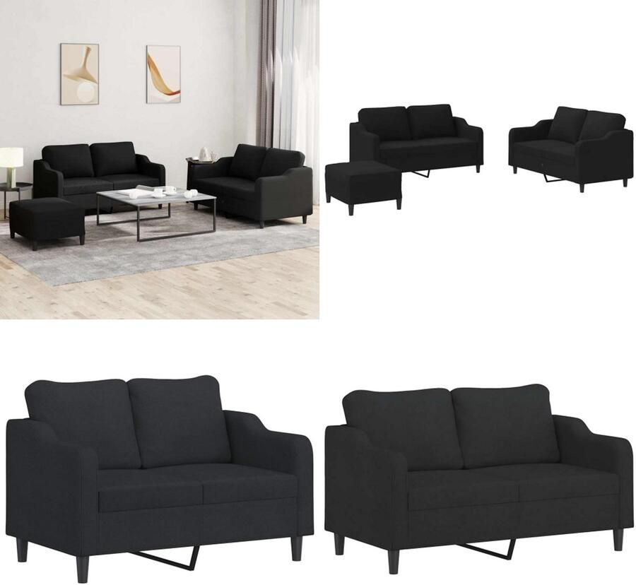 VidaXL 3-delige loungeset met kussens stof zwart Bankstel Bankstellen Fauteuil 2-zitsbank