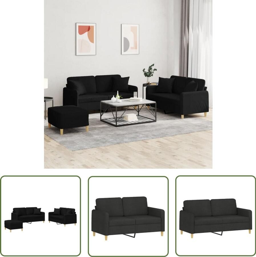 VidaXL 3-delige Loungeset met kussens Zwart Loungebank Tuinset Zitzitting Zwarte Bank Bankstel