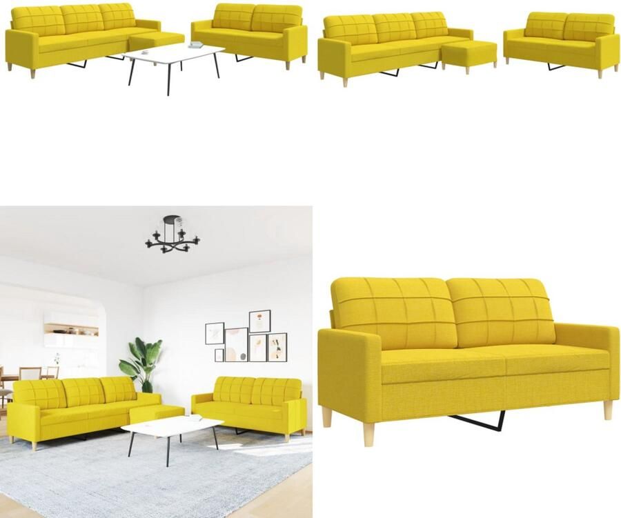 VidaXL 3-delige Loungeset met voetenbank stof lichtgeel Bankstel Bankstellen Bankenset Sofa