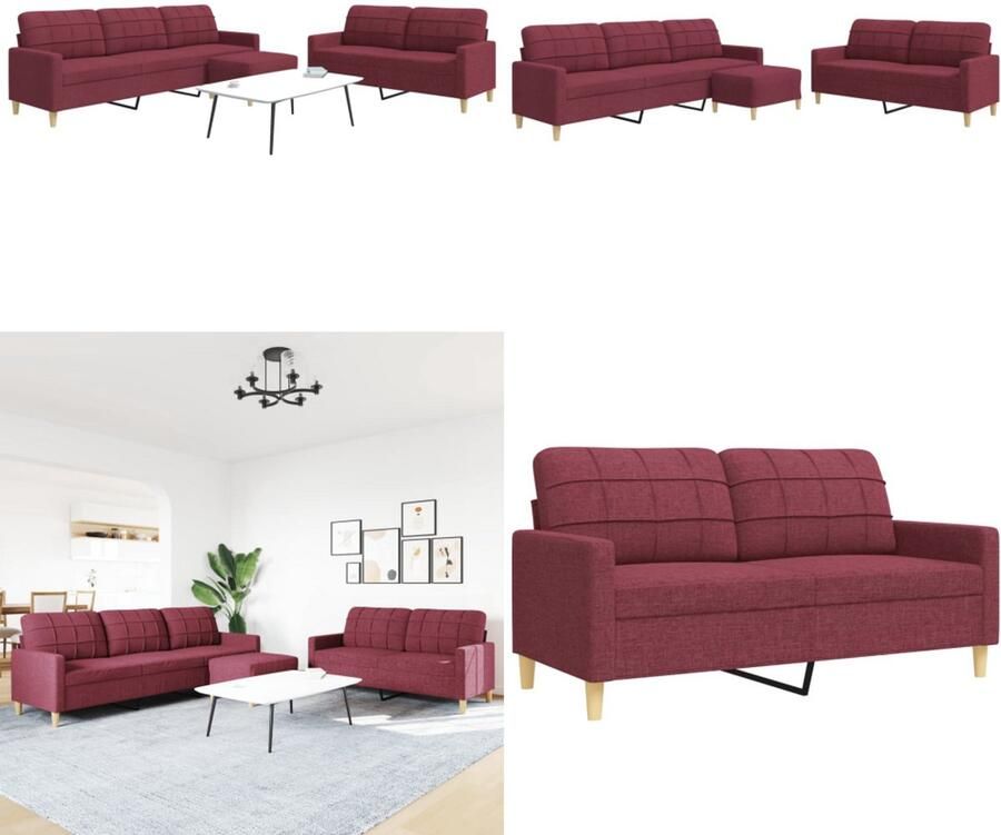 VidaXL 3-delige Loungeset met voetenbank stof wijnrood Bankstel Bankstellen Bankenset Sofa