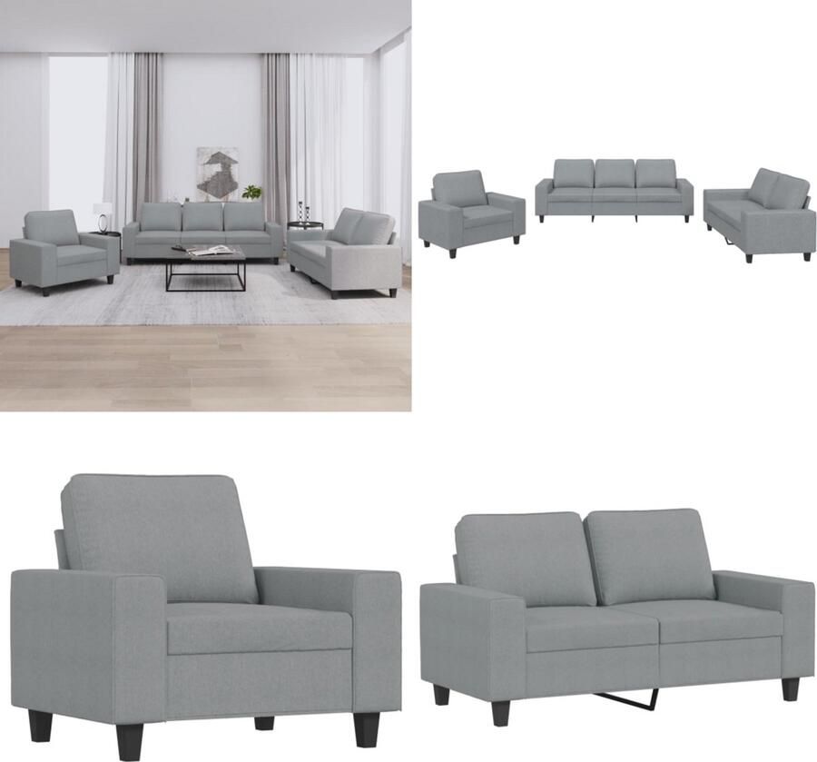 VidaXL 3-delige Loungeset stof lichtgrijs Bankstel Bankstellen Fauteuil 2-zitsbank