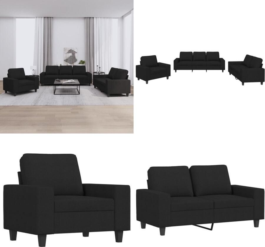 The Living Store 3-delige Loungeset stof zwart Loungebank Woonkamer Meubilair Zwarte Bank Stoffen Bank 2 Persoons Bank - Foto 2