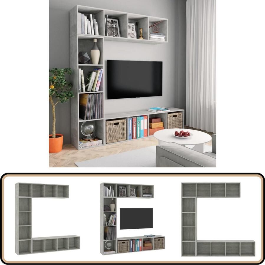 VidaXL 3-delige Meubelset Betongrijs Modern Design Boekenkast Tv Kast Media Kast Woonkamer Meubilair Houten Kast Grijze Kast Betonnen Kast Opslagoplossing Bergruimte